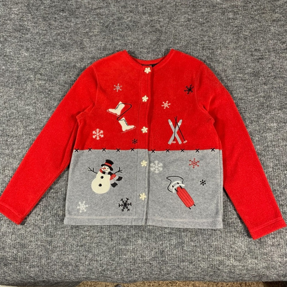 Croft Barrow Fleece Cardigan Womens S Red Grey‎ Snowman Winter Holiday Christmas